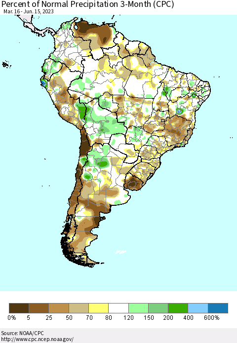 South America Percent of Normal Precipitation 3-Month (CPC) Thematic Map For 3/16/2023 - 6/15/2023
