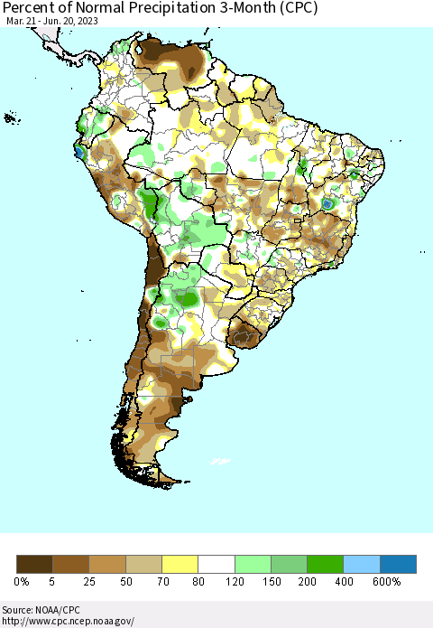South America Percent of Normal Precipitation 3-Month (CPC) Thematic Map For 3/21/2023 - 6/20/2023