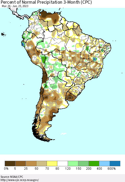 South America Percent of Normal Precipitation 3-Month (CPC) Thematic Map For 3/26/2023 - 6/25/2023