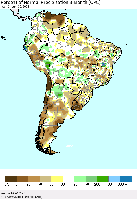 South America Percent of Normal Precipitation 3-Month (CPC) Thematic Map For 4/1/2023 - 6/30/2023