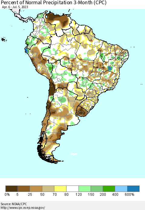 South America Percent of Normal Precipitation 3-Month (CPC) Thematic Map For 4/6/2023 - 7/5/2023