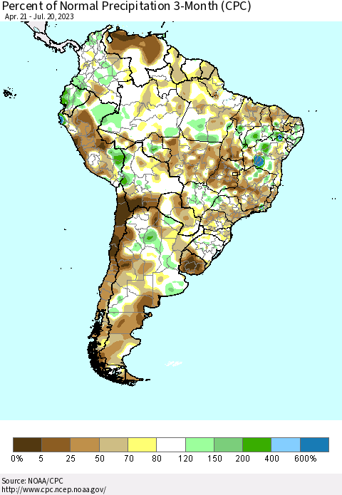 South America Percent of Normal Precipitation 3-Month (CPC) Thematic Map For 4/21/2023 - 7/20/2023