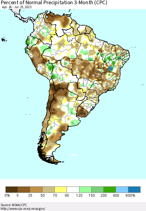 South America Percent of Normal Precipitation 3-Month (CPC) Thematic Map For 4/26/2023 - 7/25/2023