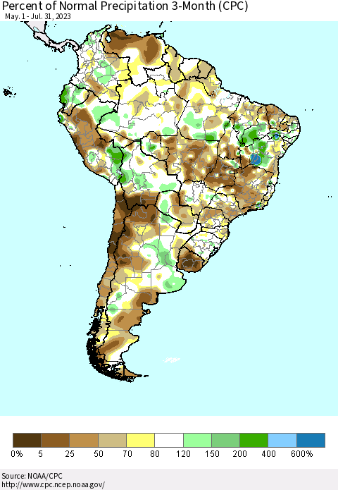 South America Percent of Normal Precipitation 3-Month (CPC) Thematic Map For 5/1/2023 - 7/31/2023