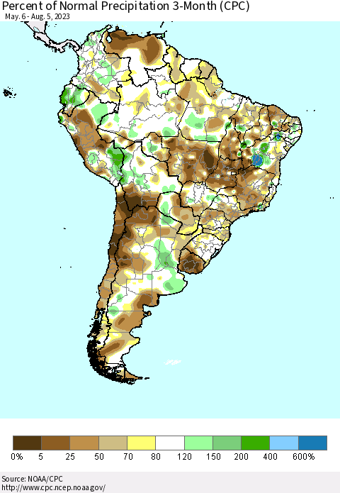 South America Percent of Normal Precipitation 3-Month (CPC) Thematic Map For 5/6/2023 - 8/5/2023