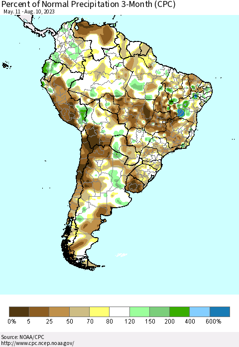 South America Percent of Normal Precipitation 3-Month (CPC) Thematic Map For 5/11/2023 - 8/10/2023