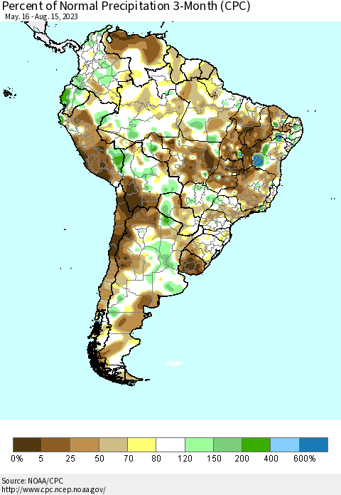 South America Percent of Normal Precipitation 3-Month (CPC) Thematic Map For 5/16/2023 - 8/15/2023