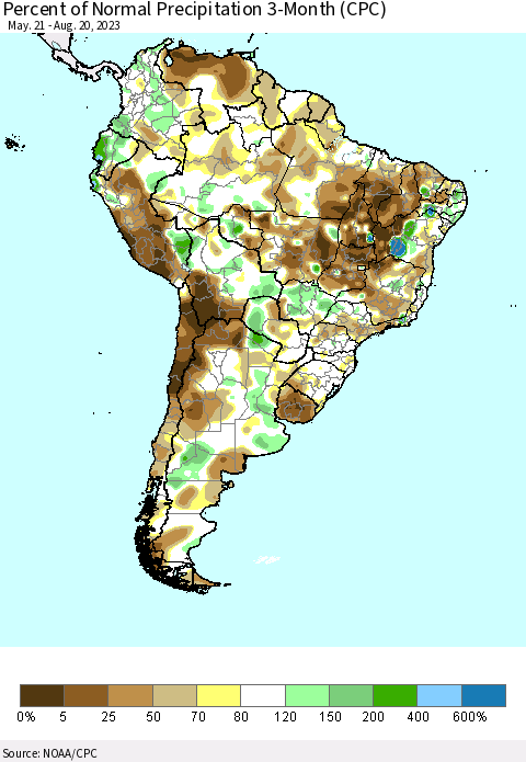 South America Percent of Normal Precipitation 3-Month (CPC) Thematic Map For 5/21/2023 - 8/20/2023