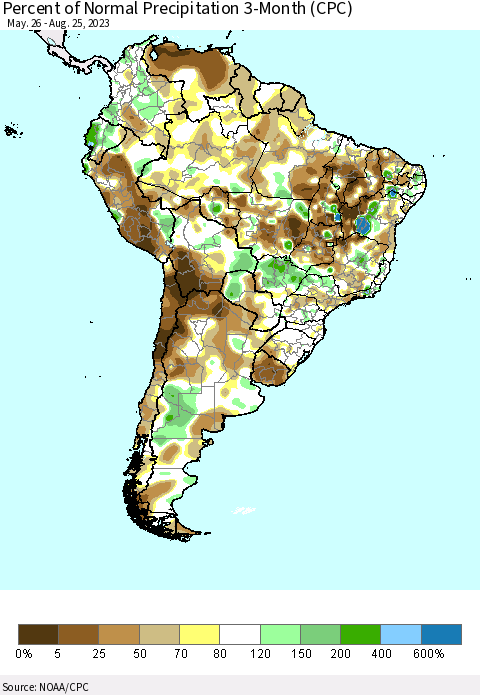 South America Percent of Normal Precipitation 3-Month (CPC) Thematic Map For 5/26/2023 - 8/25/2023