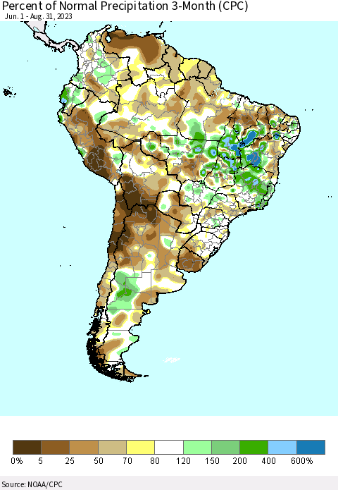 South America Percent of Normal Precipitation 3-Month (CPC) Thematic Map For 6/1/2023 - 8/31/2023