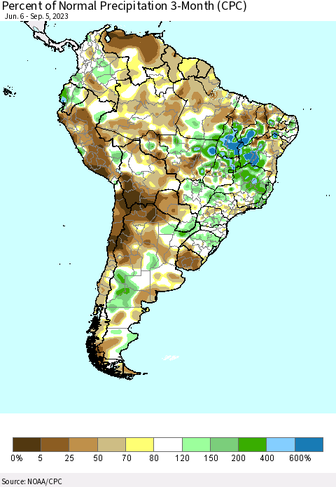 South America Percent of Normal Precipitation 3-Month (CPC) Thematic Map For 6/6/2023 - 9/5/2023