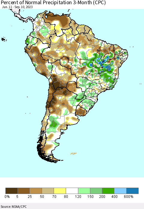 South America Percent of Normal Precipitation 3-Month (CPC) Thematic Map For 6/11/2023 - 9/10/2023
