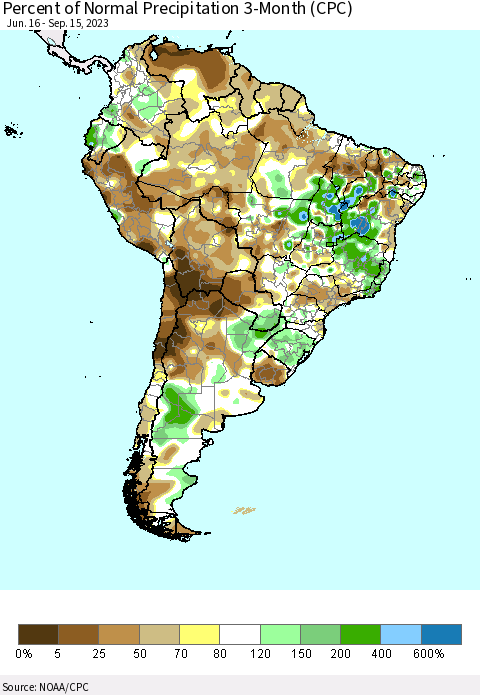 South America Percent of Normal Precipitation 3-Month (CPC) Thematic Map For 6/16/2023 - 9/15/2023