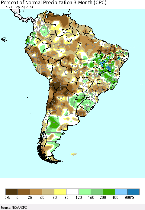 South America Percent of Normal Precipitation 3-Month (CPC) Thematic Map For 6/21/2023 - 9/20/2023
