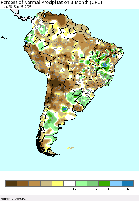 South America Percent of Normal Precipitation 3-Month (CPC) Thematic Map For 6/26/2023 - 9/25/2023