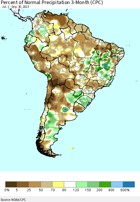 South America Percent of Normal Precipitation 3-Month (CPC) Thematic Map For 7/1/2023 - 9/30/2023