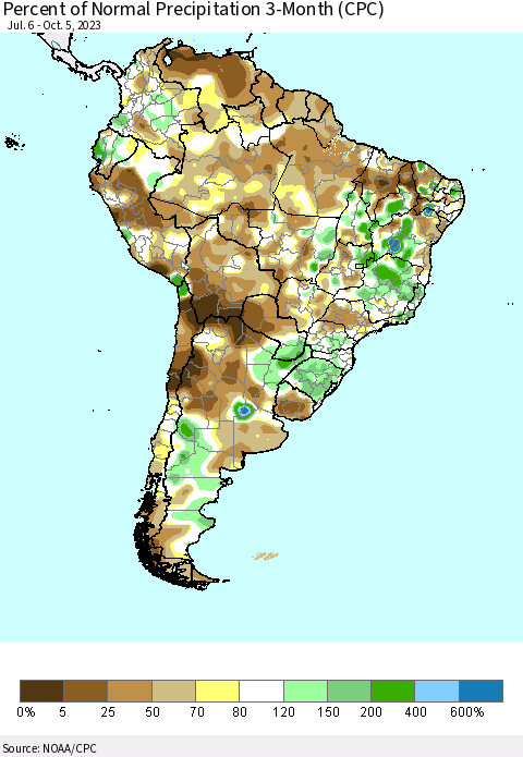 South America Percent of Normal Precipitation 3-Month (CPC) Thematic Map For 7/6/2023 - 10/5/2023