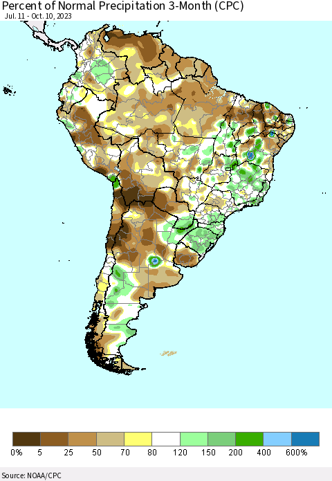 South America Percent of Normal Precipitation 3-Month (CPC) Thematic Map For 7/11/2023 - 10/10/2023