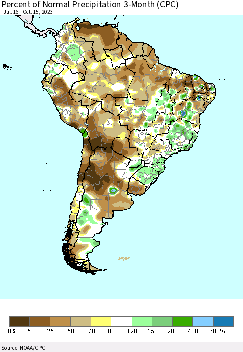 South America Percent of Normal Precipitation 3-Month (CPC) Thematic Map For 7/16/2023 - 10/15/2023