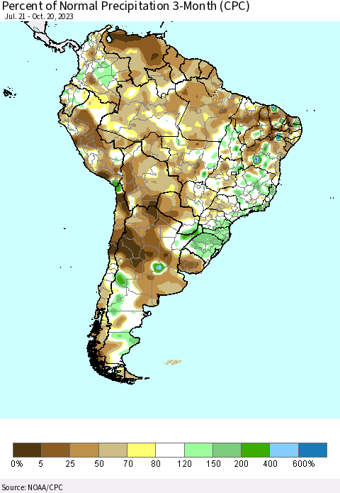 South America Percent of Normal Precipitation 3-Month (CPC) Thematic Map For 7/21/2023 - 10/20/2023