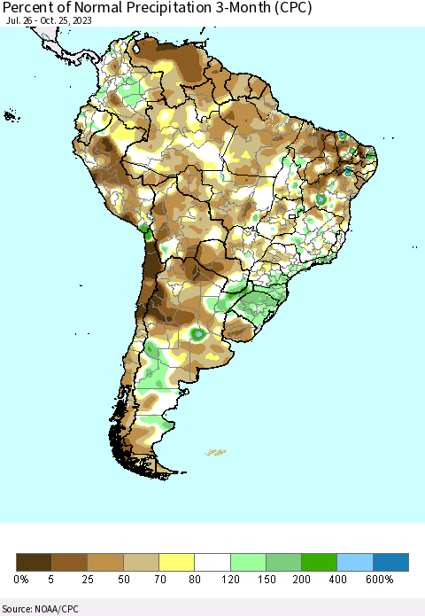 South America Percent of Normal Precipitation 3-Month (CPC) Thematic Map For 7/26/2023 - 10/25/2023