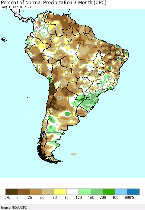 South America Percent of Normal Precipitation 3-Month (CPC) Thematic Map For 8/1/2023 - 10/31/2023