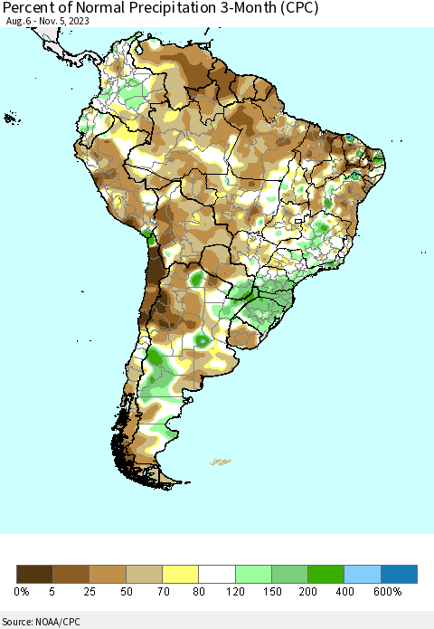 South America Percent of Normal Precipitation 3-Month (CPC) Thematic Map For 8/6/2023 - 11/5/2023
