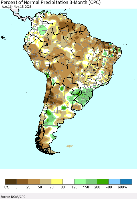 South America Percent of Normal Precipitation 3-Month (CPC) Thematic Map For 8/16/2023 - 11/15/2023