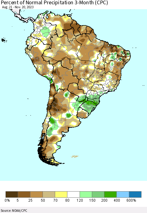 South America Percent of Normal Precipitation 3-Month (CPC) Thematic Map For 8/21/2023 - 11/20/2023