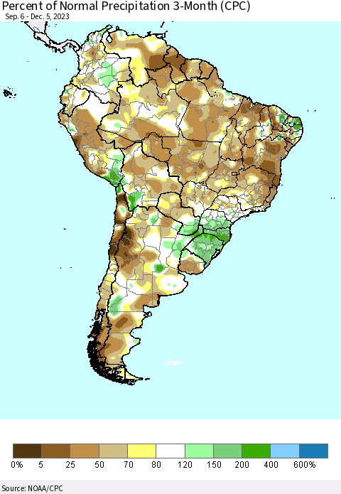 South America Percent of Normal Precipitation 3-Month (CPC) Thematic Map For 9/6/2023 - 12/5/2023