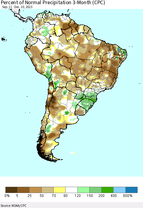 South America Percent of Normal Precipitation 3-Month (CPC) Thematic Map For 9/11/2023 - 12/10/2023