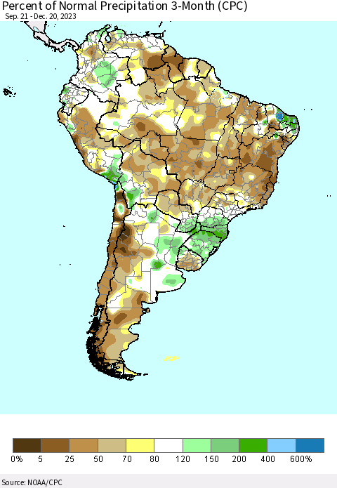 South America Percent of Normal Precipitation 3-Month (CPC) Thematic Map For 9/21/2023 - 12/20/2023