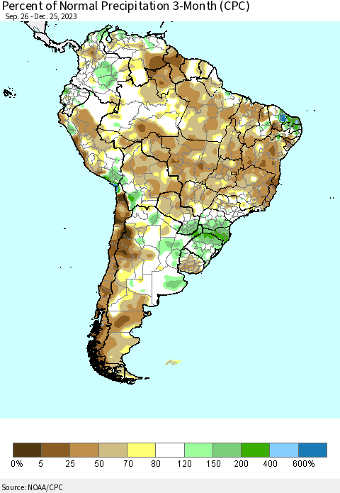 South America Percent of Normal Precipitation 3-Month (CPC) Thematic Map For 9/26/2023 - 12/25/2023