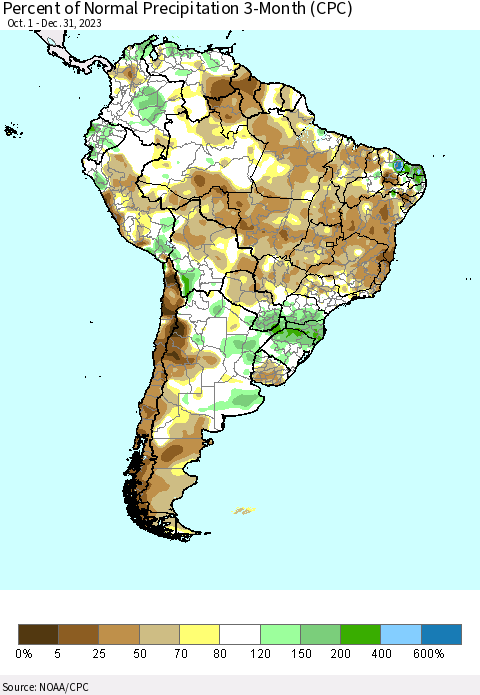 South America Percent of Normal Precipitation 3-Month (CPC) Thematic Map For 10/1/2023 - 12/31/2023