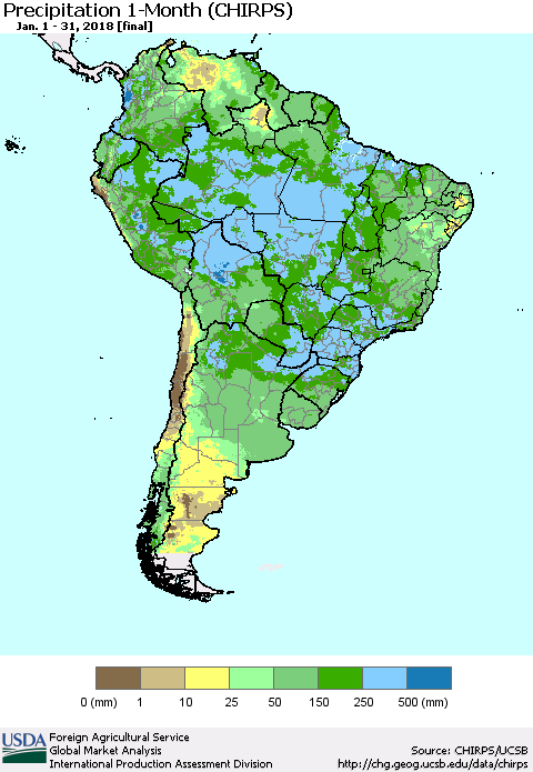 South America Precipitation 1-Month (CHIRPS) Thematic Map For 1/1/2018 - 1/31/2018
