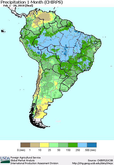 South America Precipitation 1-Month (CHIRPS) Thematic Map For 2/1/2018 - 2/28/2018