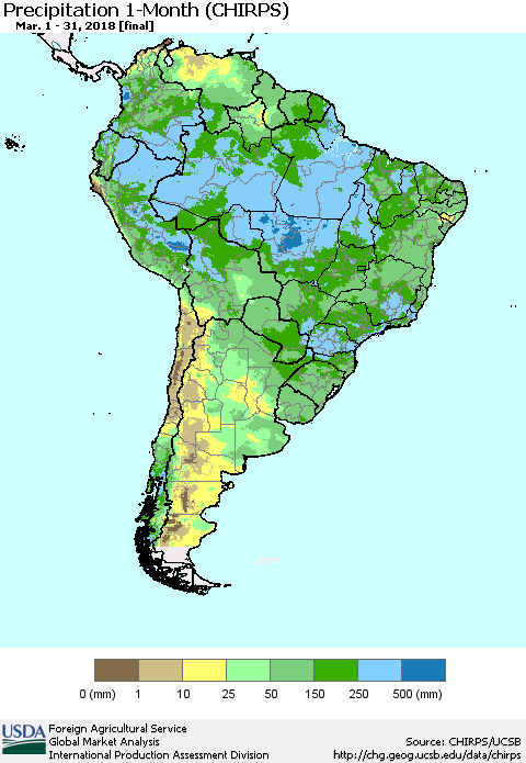 South America Precipitation 1-Month (CHIRPS) Thematic Map For 3/1/2018 - 3/31/2018