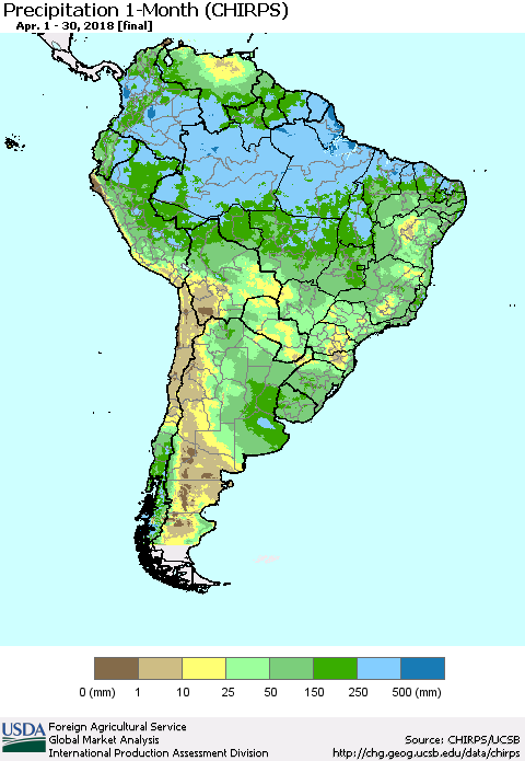 South America Precipitation 1-Month (CHIRPS) Thematic Map For 4/1/2018 - 4/30/2018