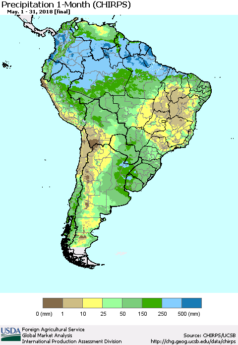 South America Precipitation 1-Month (CHIRPS) Thematic Map For 5/1/2018 - 5/31/2018