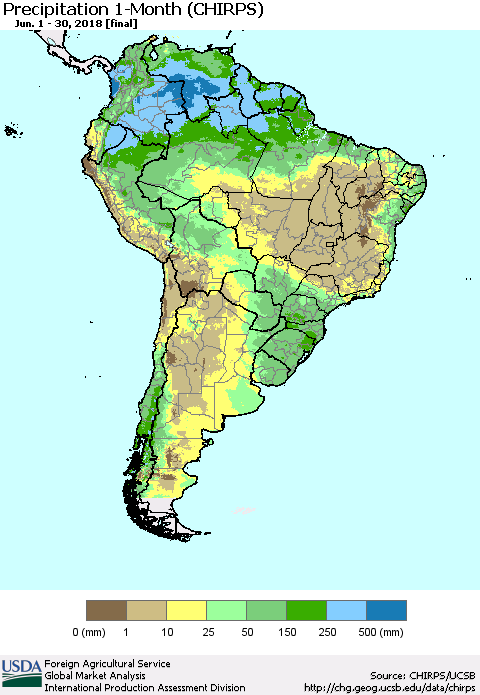 South America Precipitation 1-Month (CHIRPS) Thematic Map For 6/1/2018 - 6/30/2018