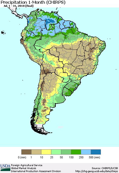 South America Precipitation 1-Month (CHIRPS) Thematic Map For 7/1/2018 - 7/31/2018