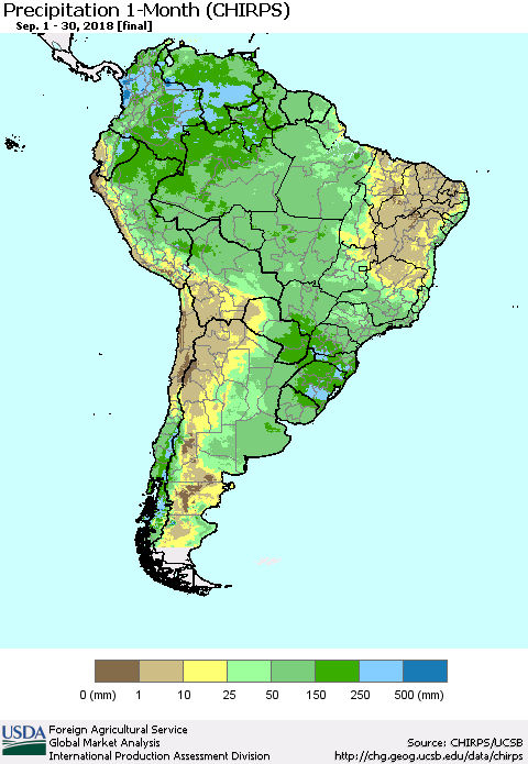 South America Precipitation 1-Month (CHIRPS) Thematic Map For 9/1/2018 - 9/30/2018