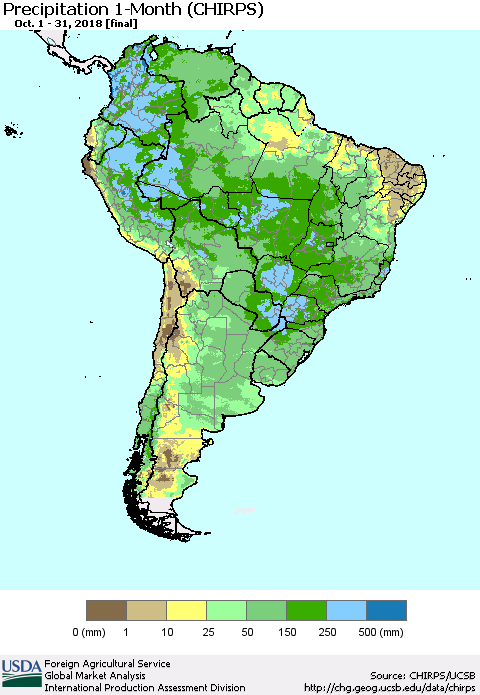 South America Precipitation 1-Month (CHIRPS) Thematic Map For 10/1/2018 - 10/31/2018