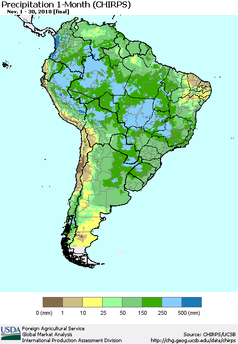 South America Precipitation 1-Month (CHIRPS) Thematic Map For 11/1/2018 - 11/30/2018