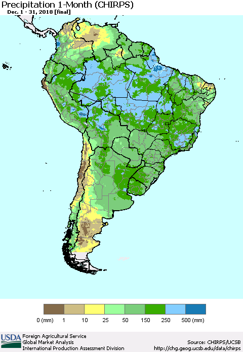 South America Precipitation 1-Month (CHIRPS) Thematic Map For 12/1/2018 - 12/31/2018