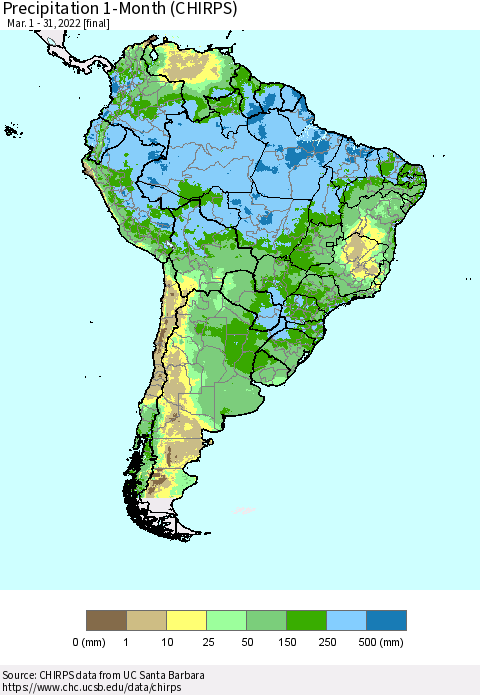 South America Precipitation 1-Month (CHIRPS) Thematic Map For 3/1/2022 - 3/31/2022