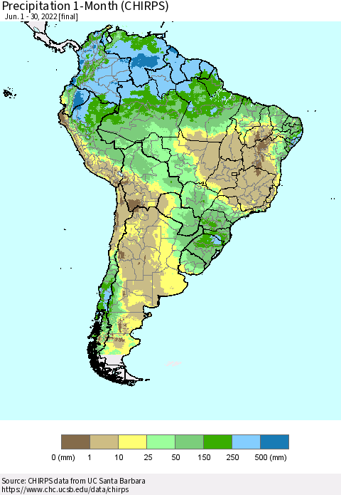 South America Precipitation 1-Month (CHIRPS) Thematic Map For 6/1/2022 - 6/30/2022