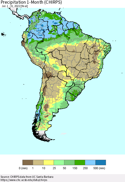 South America Precipitation 1-Month (CHIRPS) Thematic Map For 7/1/2022 - 7/31/2022