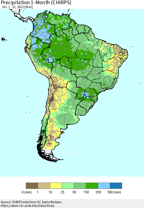 South America Precipitation 1-Month (CHIRPS) Thematic Map For 10/1/2022 - 10/31/2022