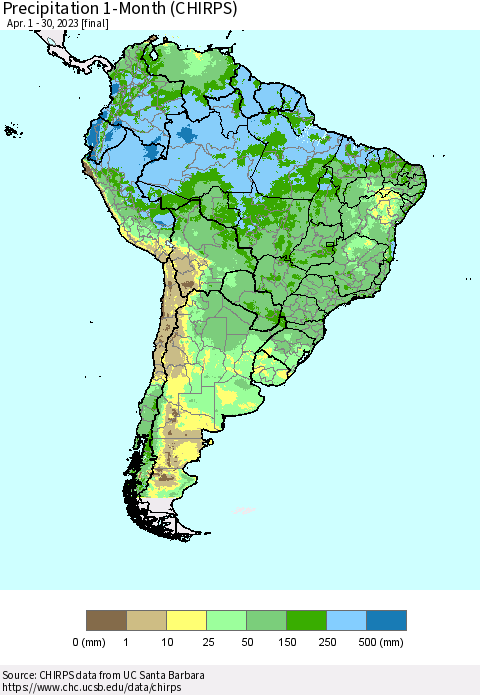 South America Precipitation 1-Month (CHIRPS) Thematic Map For 4/1/2023 - 4/30/2023